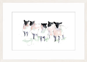 Watercolour Sheep I wall art featuring five sheep with black heads and soft pastel bodies