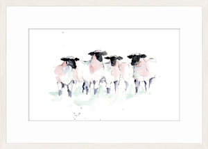 Watercolour Sheep II wall art featuring four sheep in soft pink and black tones on a white background.