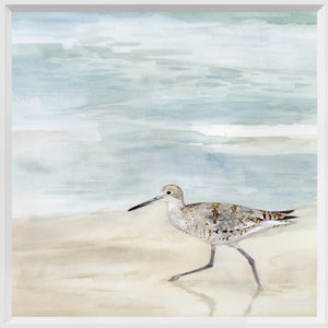 Speckled Willet II wall art featuring a shorebird walking on the beach with a soft blue background