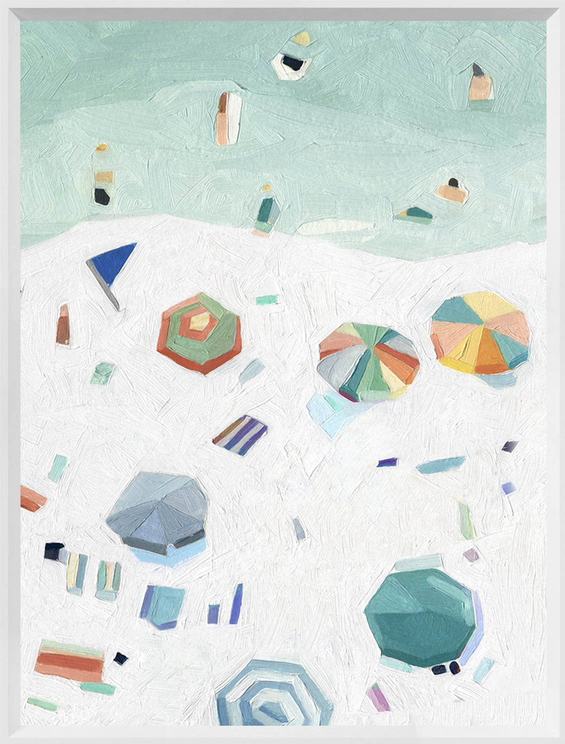 Beach Vista II wall art featuring a colorful beach scene with umbrellas and water in pastel colors.