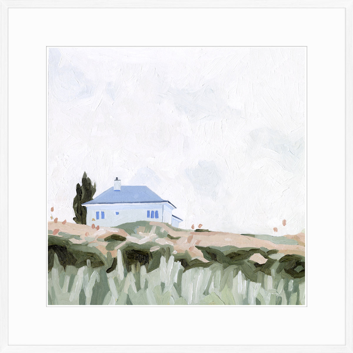 House on a Hill II wall art featuring a blue house on a grassy hill under a cloudy sky