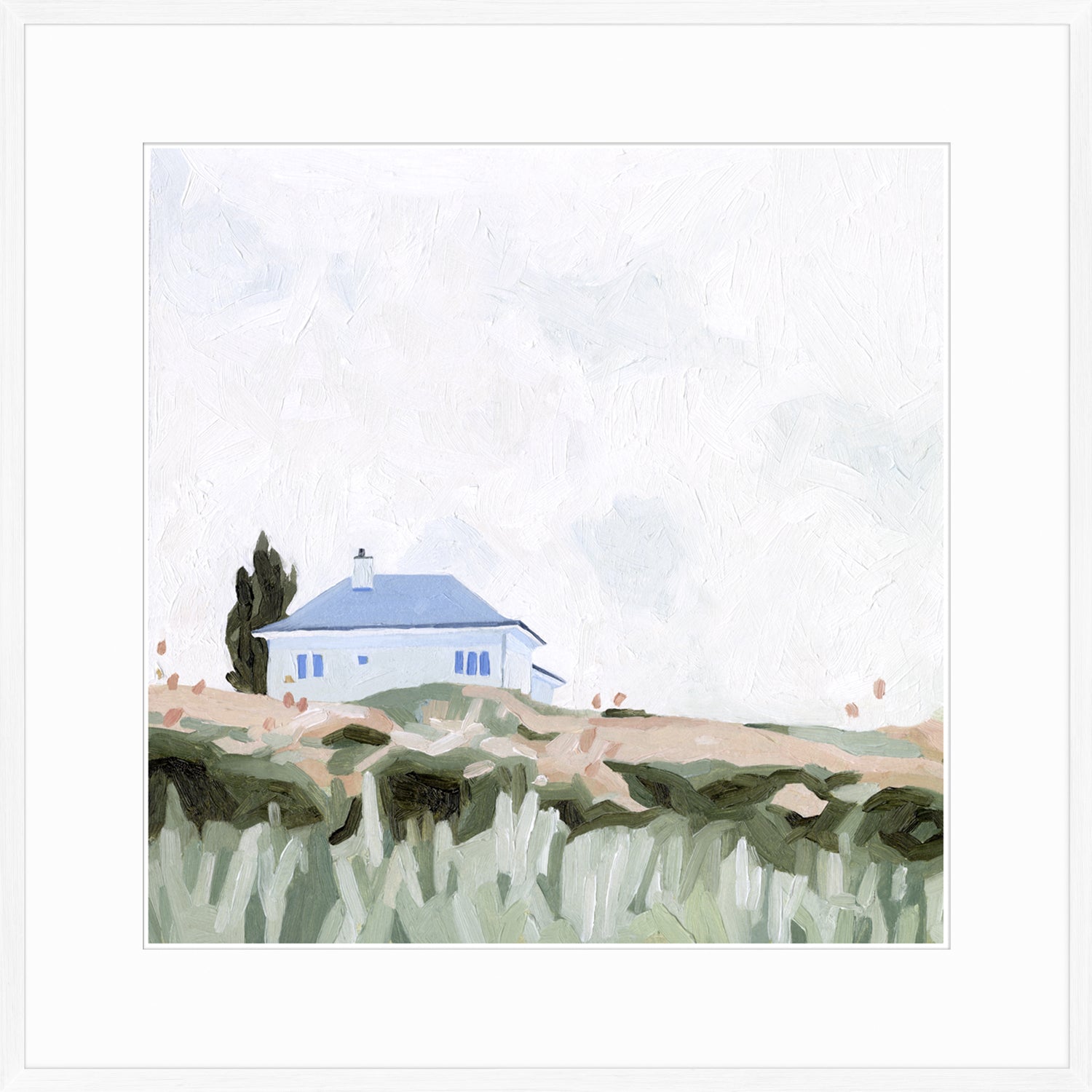 House on a Hill II wall art featuring a blue house on a grassy hill under a cloudy sky