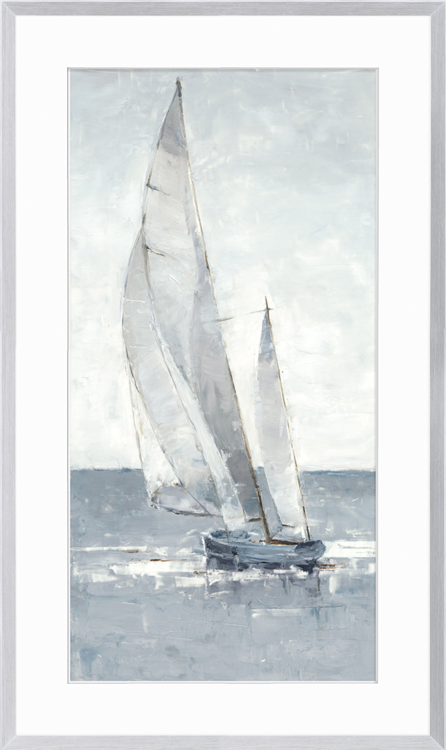 Grey Seas I wall art featuring a sailboat with white sails against a light grey sky and ocean.