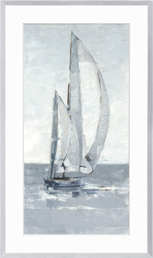 Grey Seas II wall art featuring a sailboat with white sails on a grey sea, framed in white.