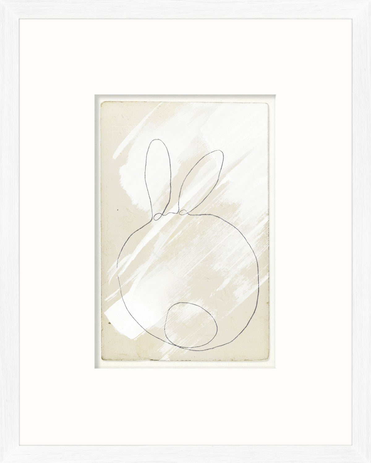 One Line – Bunny Butt wall art featuring a minimalist bunny outline on a textured beige background.