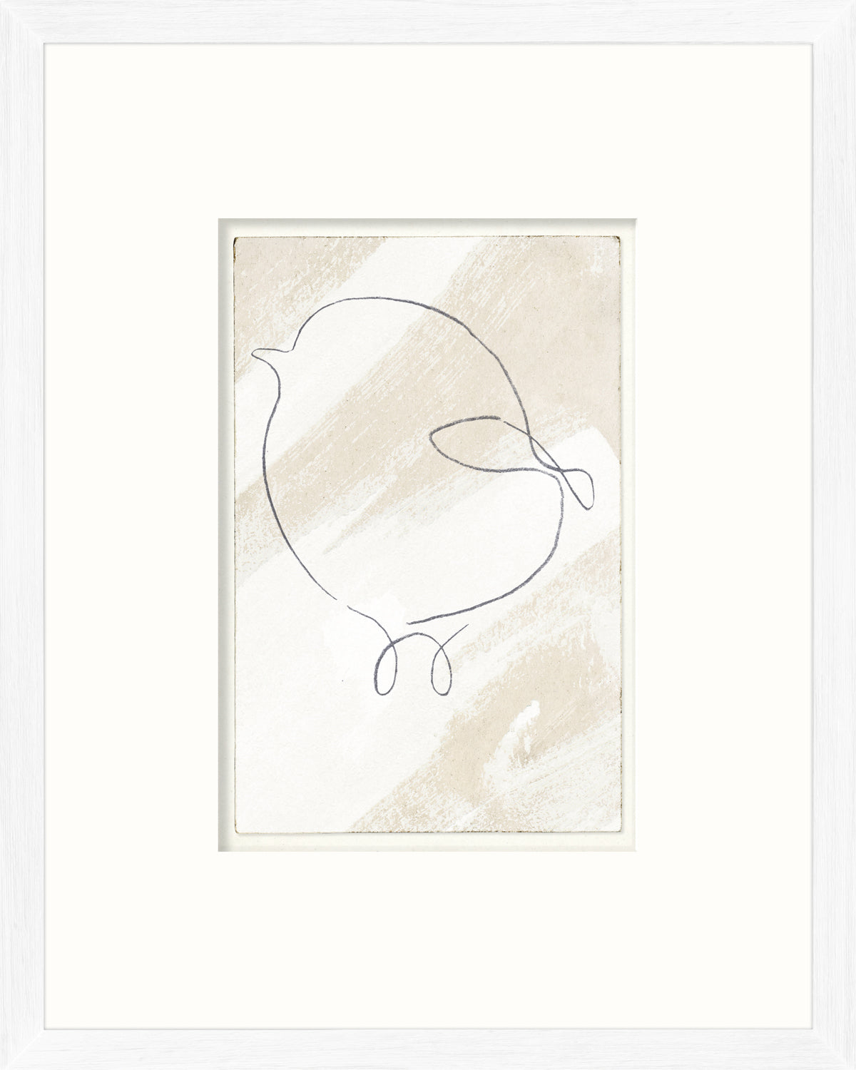 One Line – Chubby Bird wall art featuring a simple line drawing of a bird on a textured beige background.