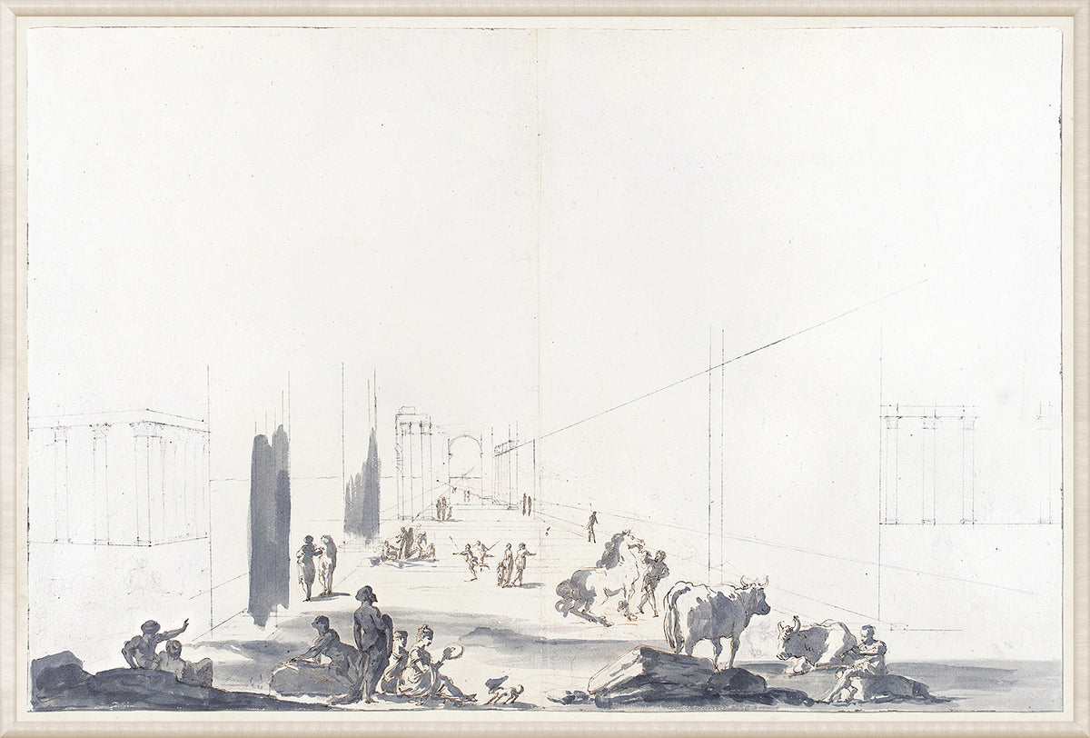 Italian Perspective, Bologna 1779 wall art featuring a sketch of figures and animals in a landscape.