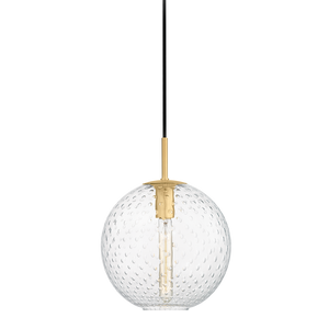 Rousseau Pendant 11.25" in aged brass shown from a second angle to highlight the shade shape and metal detail.