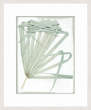 Palm Pressings I – Biscay wall art featuring light green palm leaves on a textured white background.