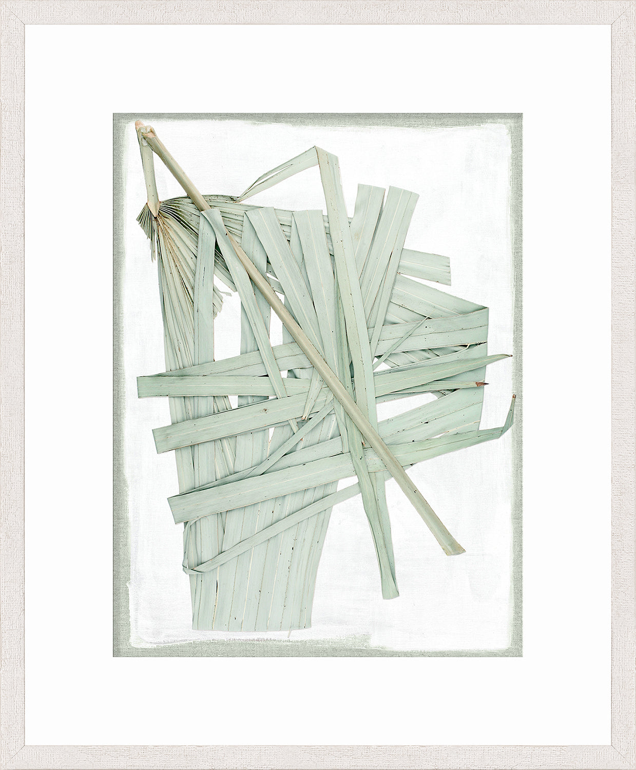 Palm Pressings II – Biscay wall art featuring layered pale green palm leaves on a white background.