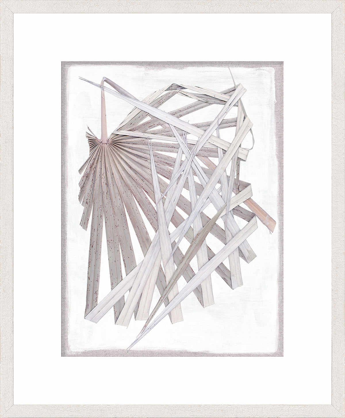 Palm Pressings II – Lilac Grey wall art featuring layered pale grey leaves on a white background.