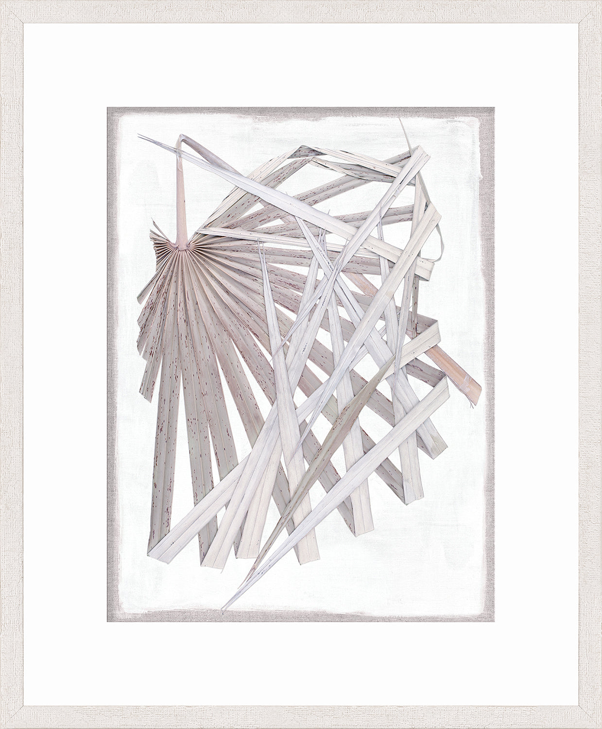 Palm Pressings II – Lilac Grey wall art featuring layered pale grey leaves on a white background.