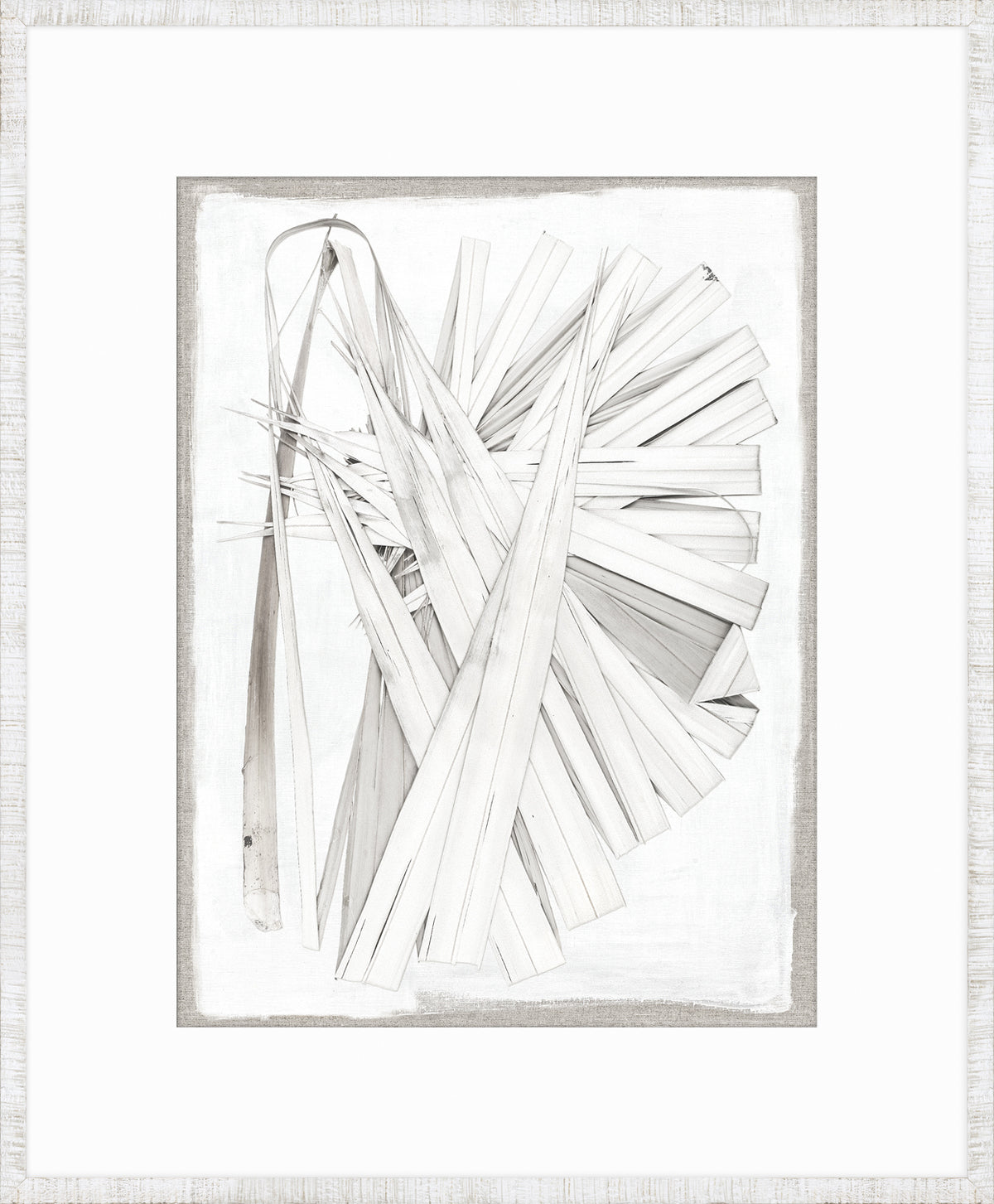 Palm Pressings I – Oyster wall art featuring white palm leaves arranged artistically.