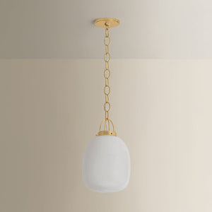 Enosburg Pendant 11" in aged brass shown from the front to reveal the shade shape and metal detail.