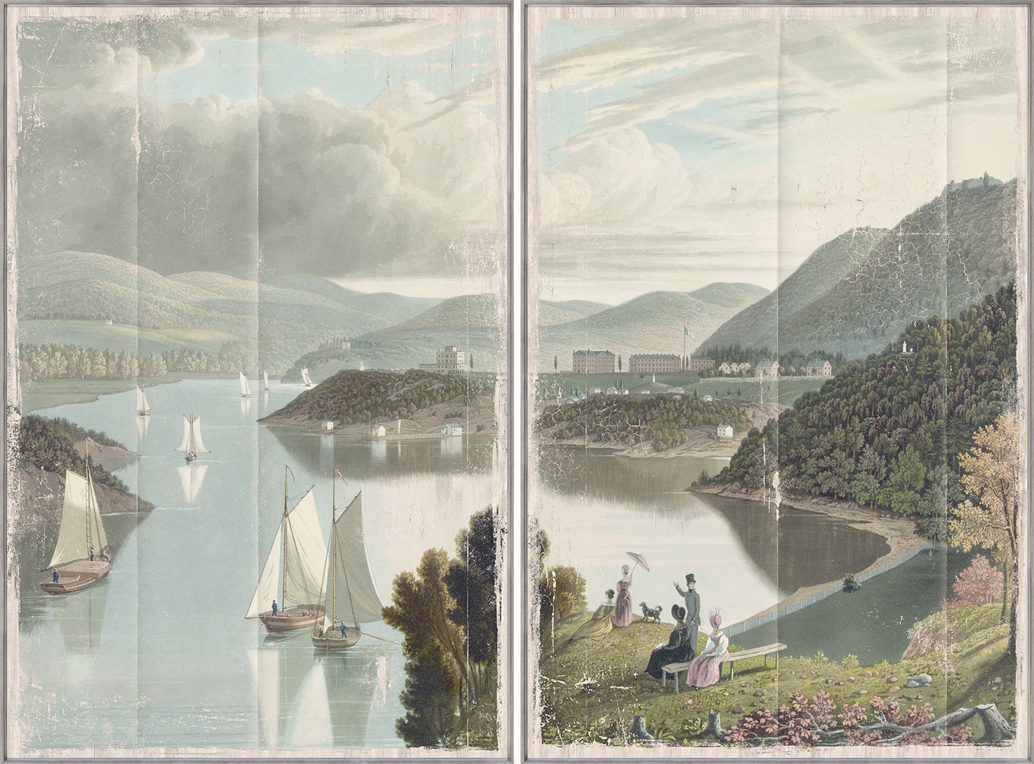Washington Valley – West Point 1834 Diptych featuring serene landscapes with boats and mountains.