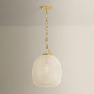 Close-up of the Enosburg Pendant 16" in aged brass showing the shade shape and metal detail.