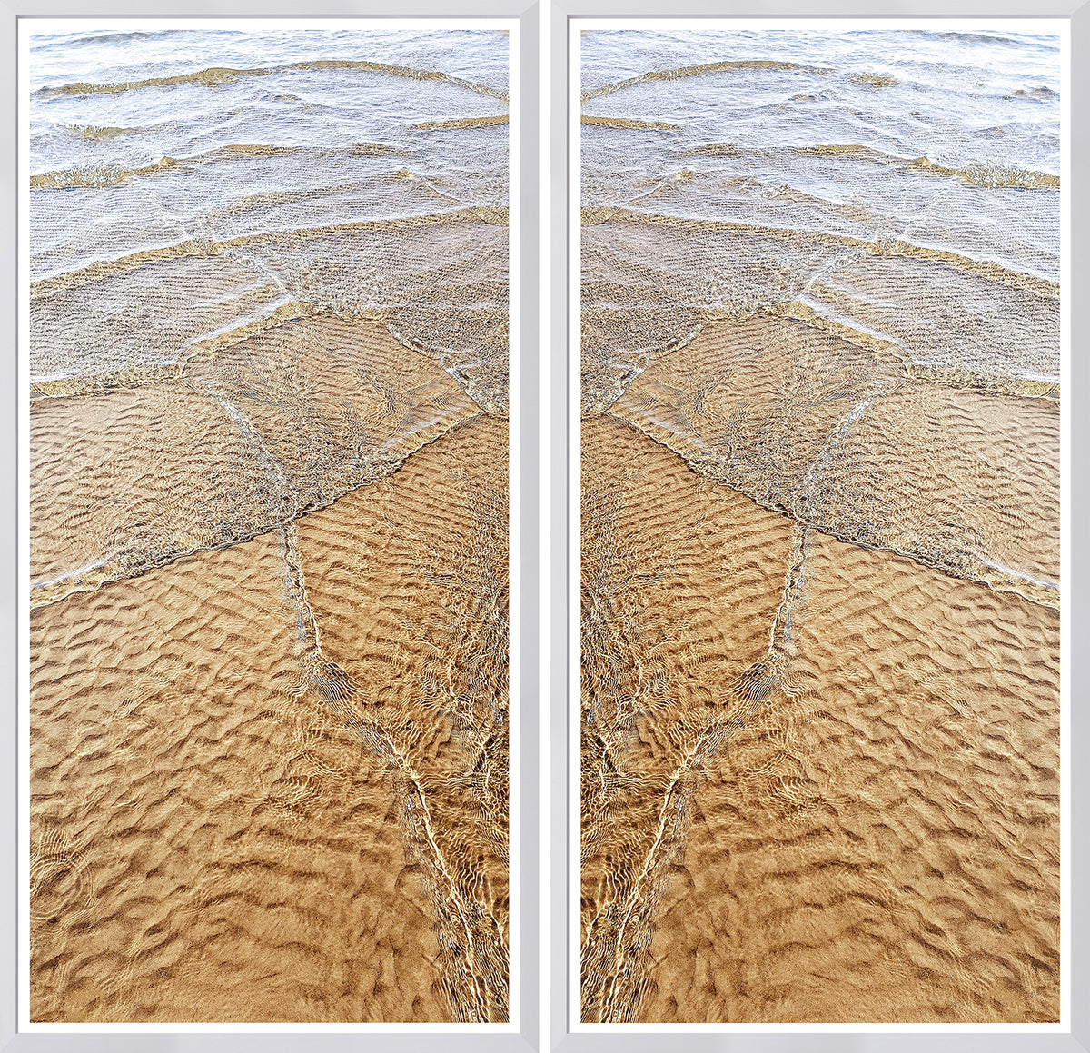 Golden Shallows wall art featuring textured sandy beach patterns and gentle water ripples.