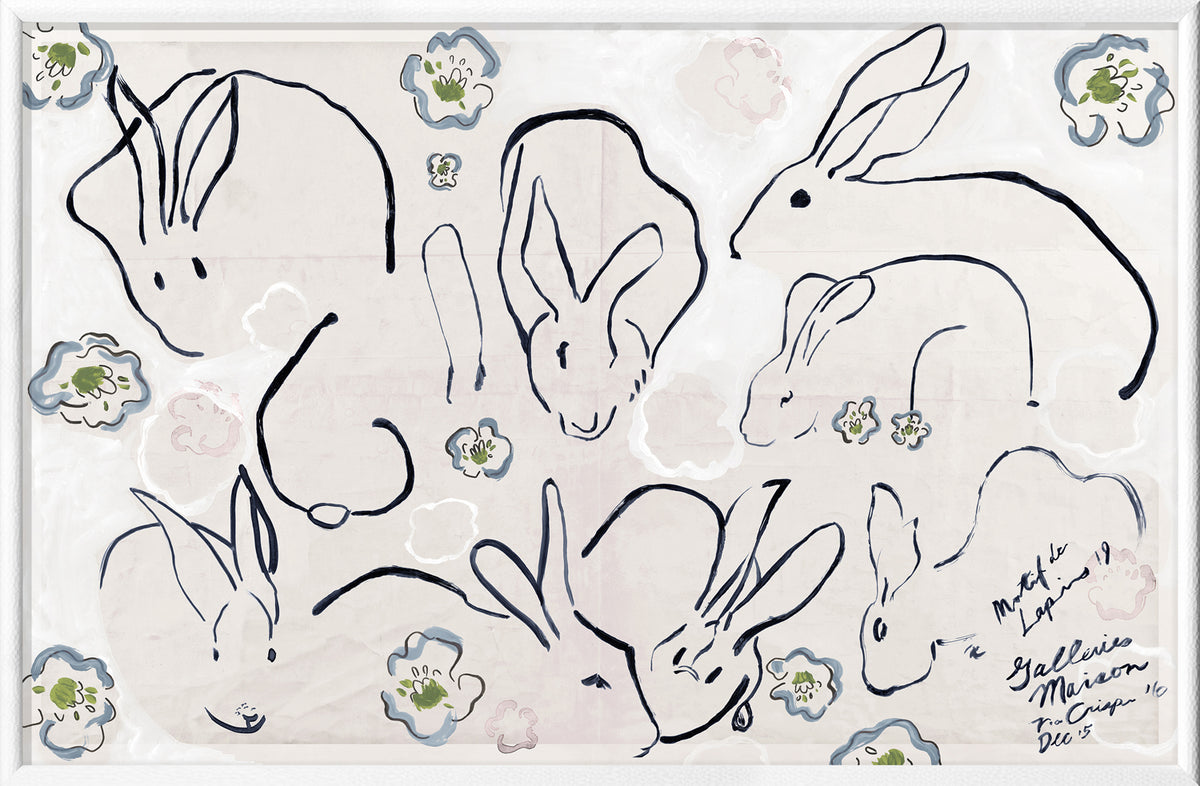 Lapins wall art featuring playful rabbit sketches on a light background with floral accents.