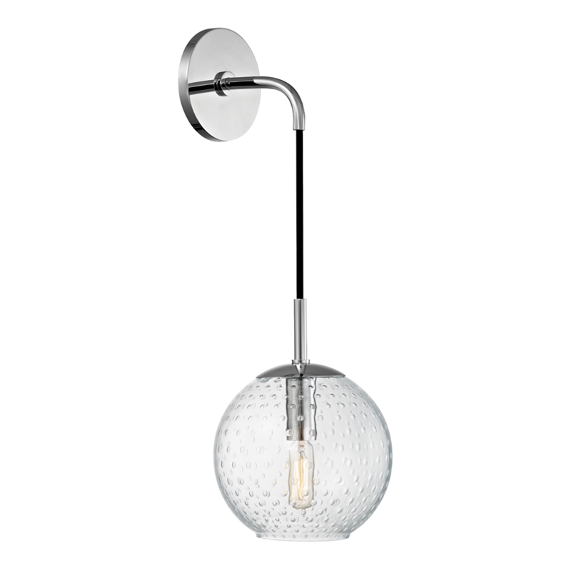 Rousseau Wall Sconce in polished chrome shown from the front to reveal the arm curve and shade silhouette.