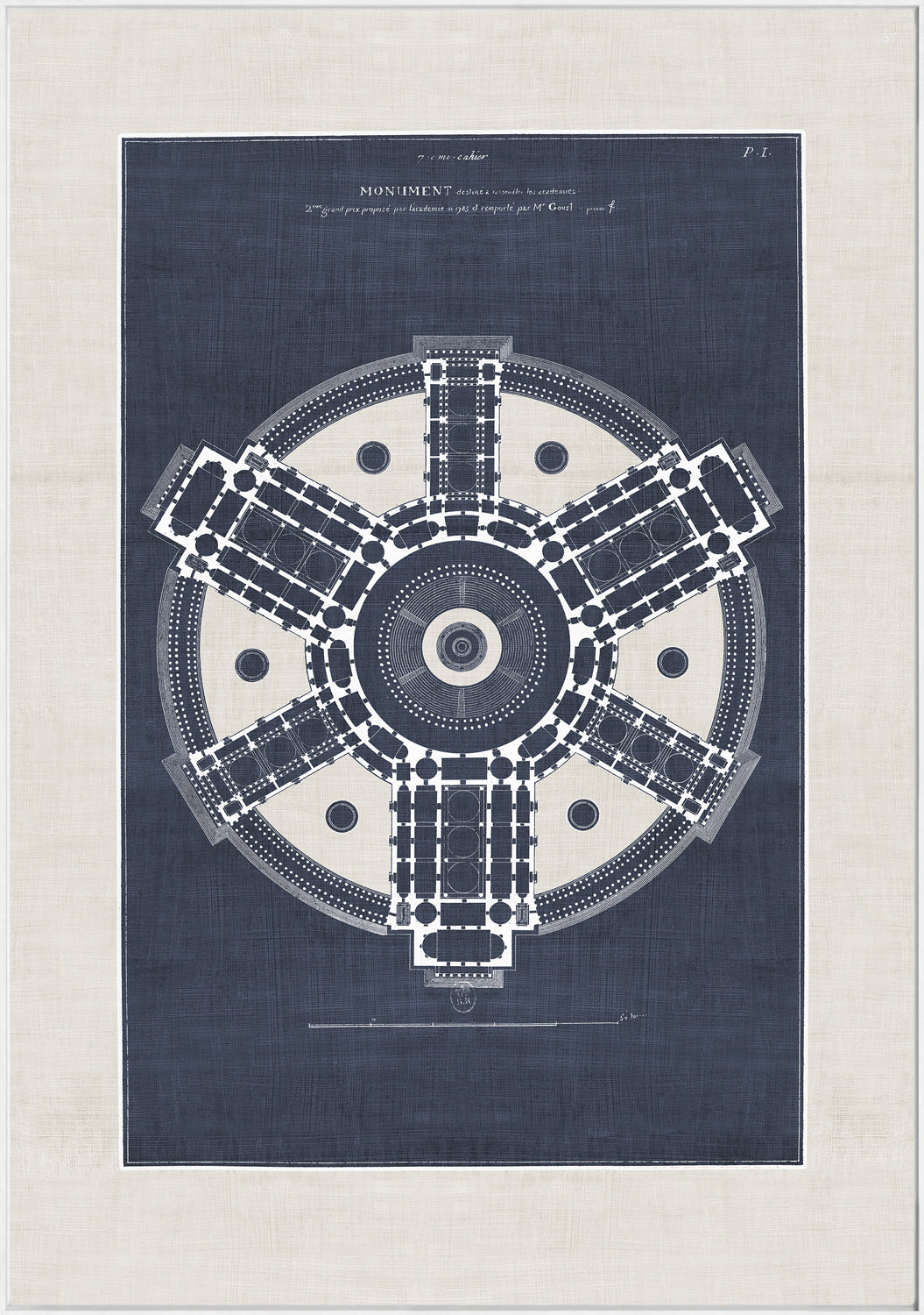 French Architectural Views II wall art featuring a blueprint design in navy and white.