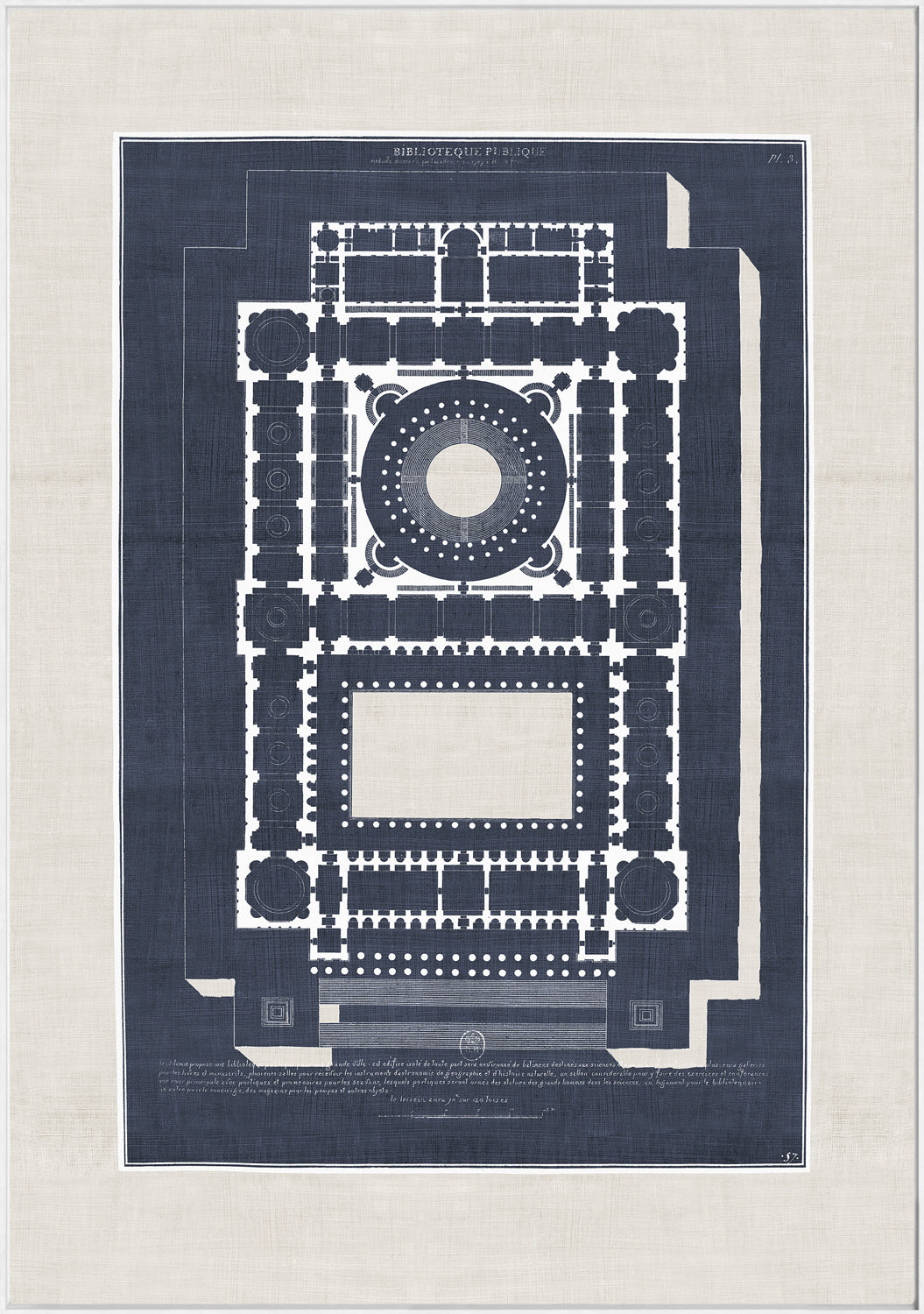 French Architectural Views III wall art featuring a detailed blueprint design in navy and white.