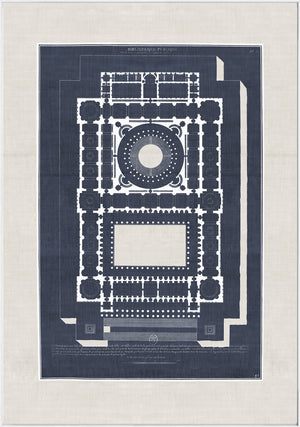 French Architectural Views III wall art featuring a detailed blueprint design in navy and white.