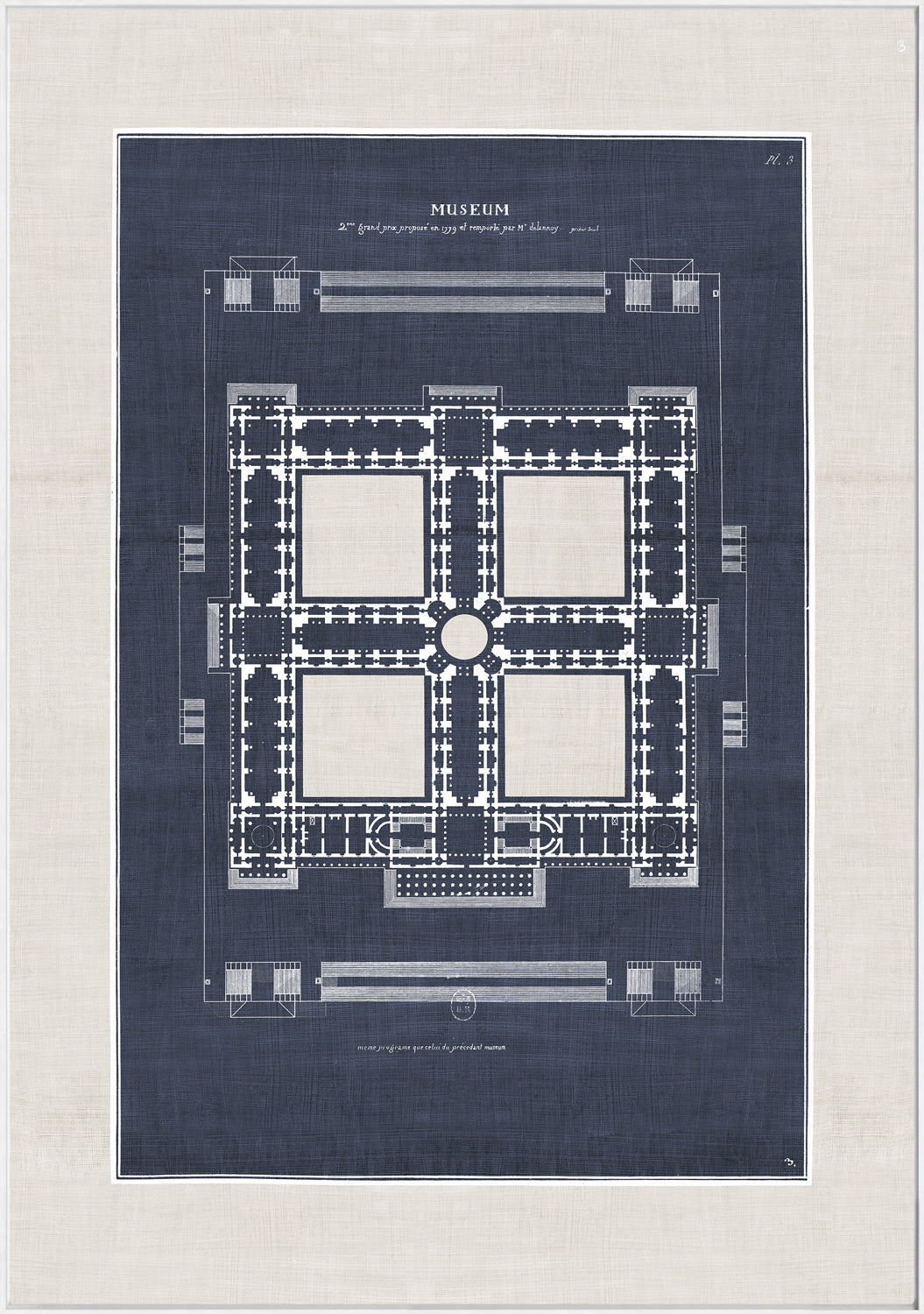 French Architectural Views IV wall art featuring a museum blueprint in navy and white.