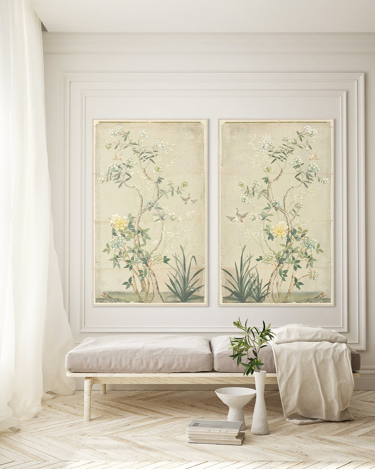 Chinoiserie Scenic I wall art featuring floral and bamboo designs in soft colors