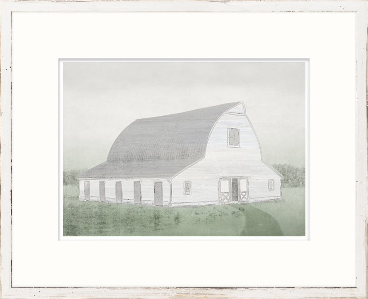 Greyson – Modern Barn I wall art featuring a grey barn with a curved roof and green grass background.