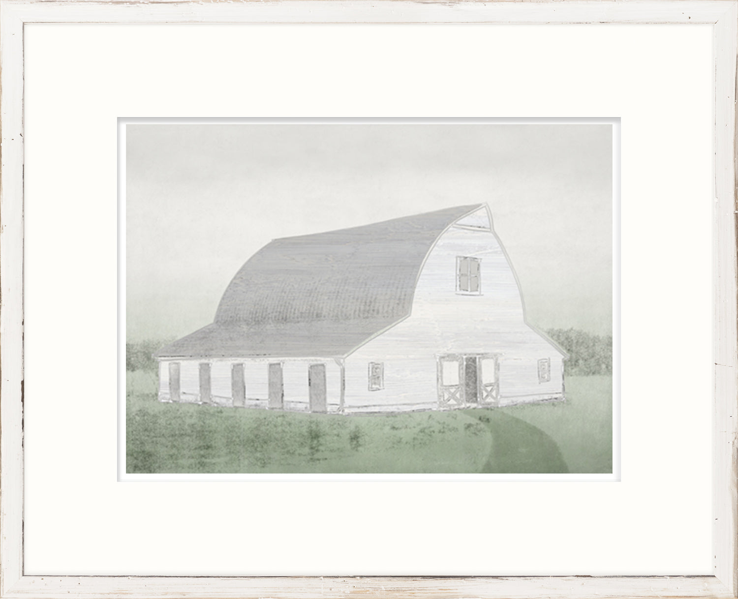 Greyson – Modern Barn I wall art featuring a grey barn with a curved roof and green grass background.