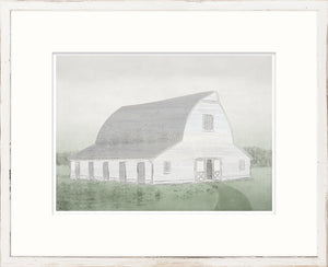 Greyson – Modern Barn I wall art featuring a grey barn with a curved roof and green grass background.