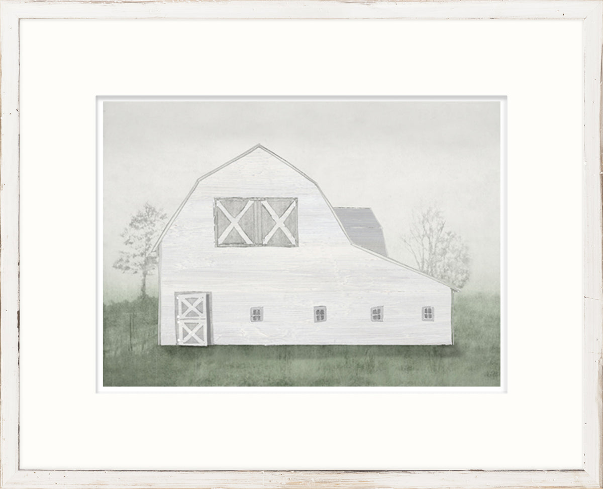 Greyson – Modern Barn II wall art featuring a white barn with green background