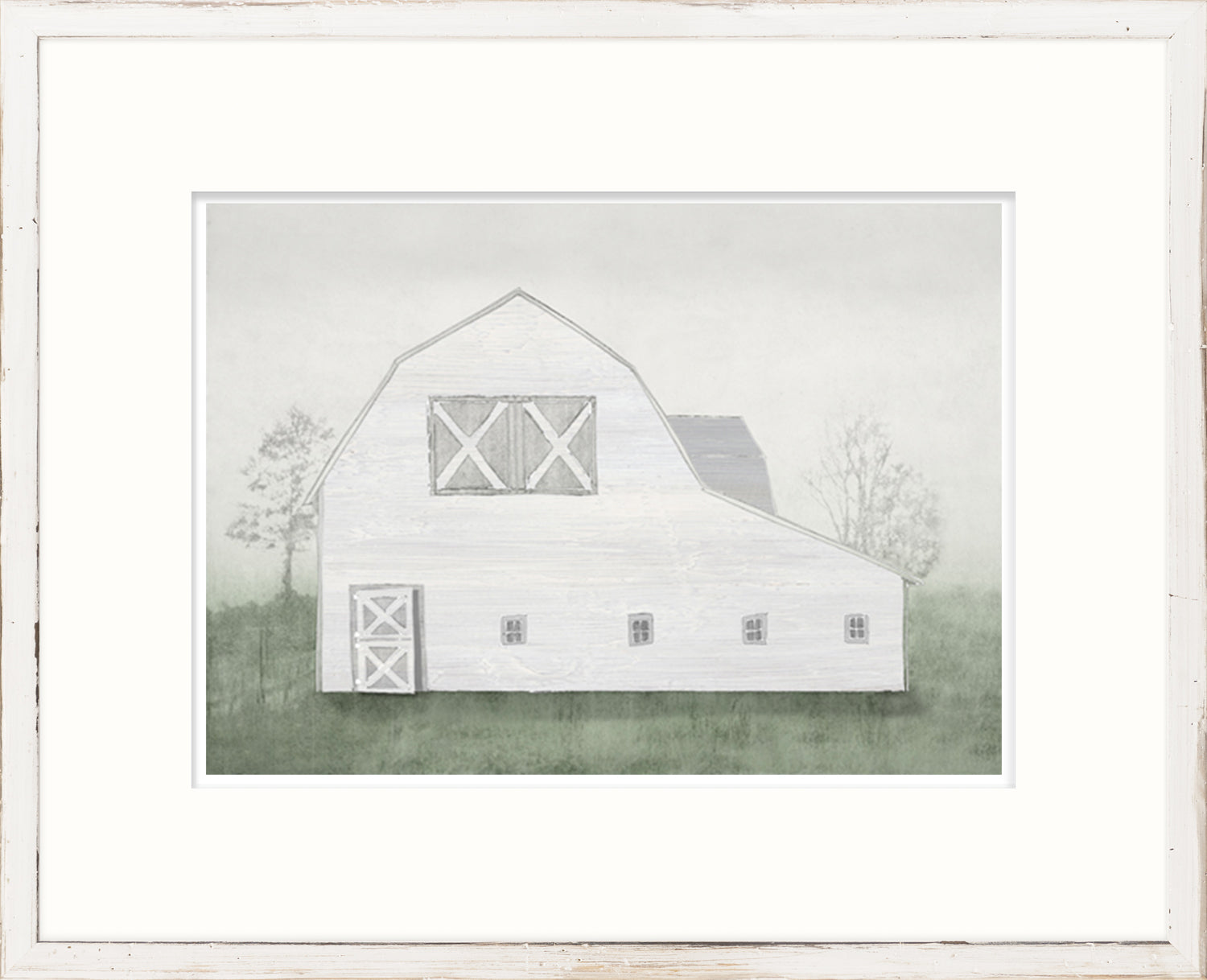 Greyson – Modern Barn II wall art featuring a white barn with green background