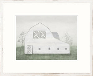 Greyson – Modern Barn II wall art featuring a white barn with green background