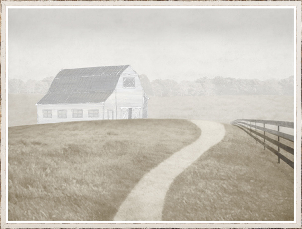 Greyson – Prairie Landscape wall art featuring a serene barn and winding path in soft tones.