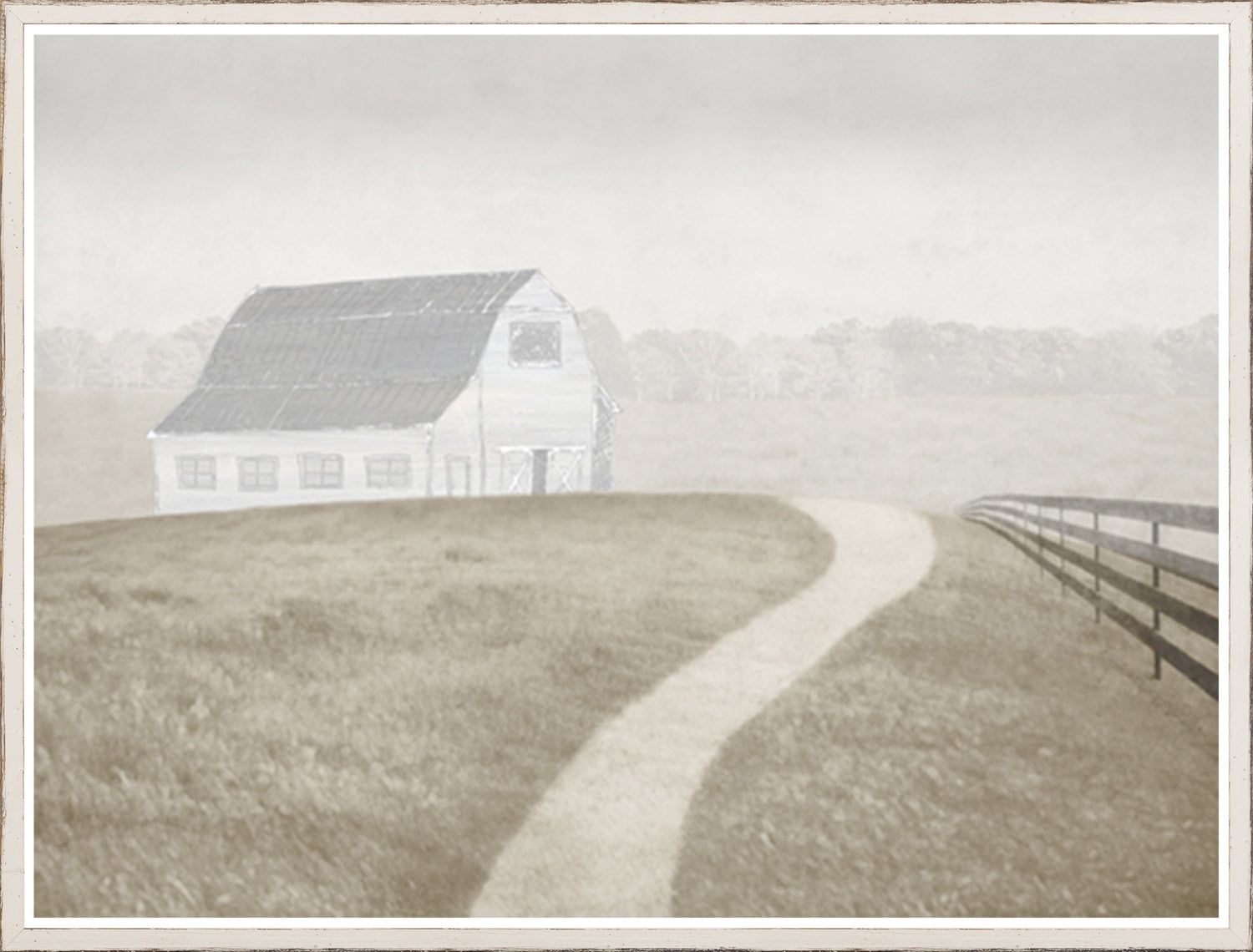 Greyson – Prairie Landscape wall art featuring a serene barn and winding path in soft tones.