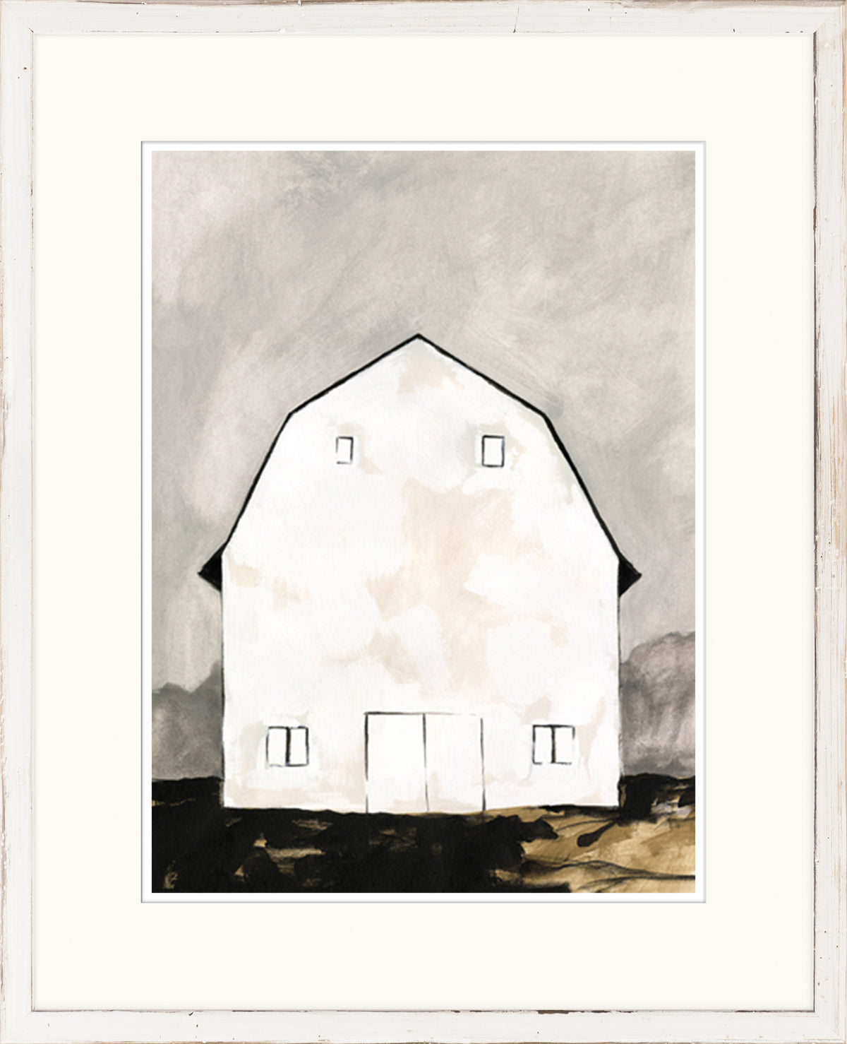 Farmhouse – Shelter wall art featuring a white barn against a gray background.