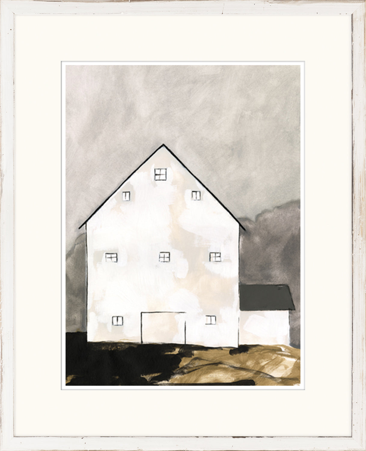 Farmhouse – Haven wall art featuring a white barn with gray background and simple lines