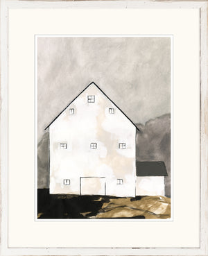 Farmhouse – Haven wall art featuring a white barn with gray background and simple lines