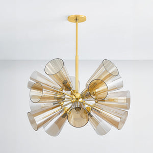 Hartwood Chandelier 32" in aged brass shown from a second angle to highlight the frame, arms, and shade detail.
