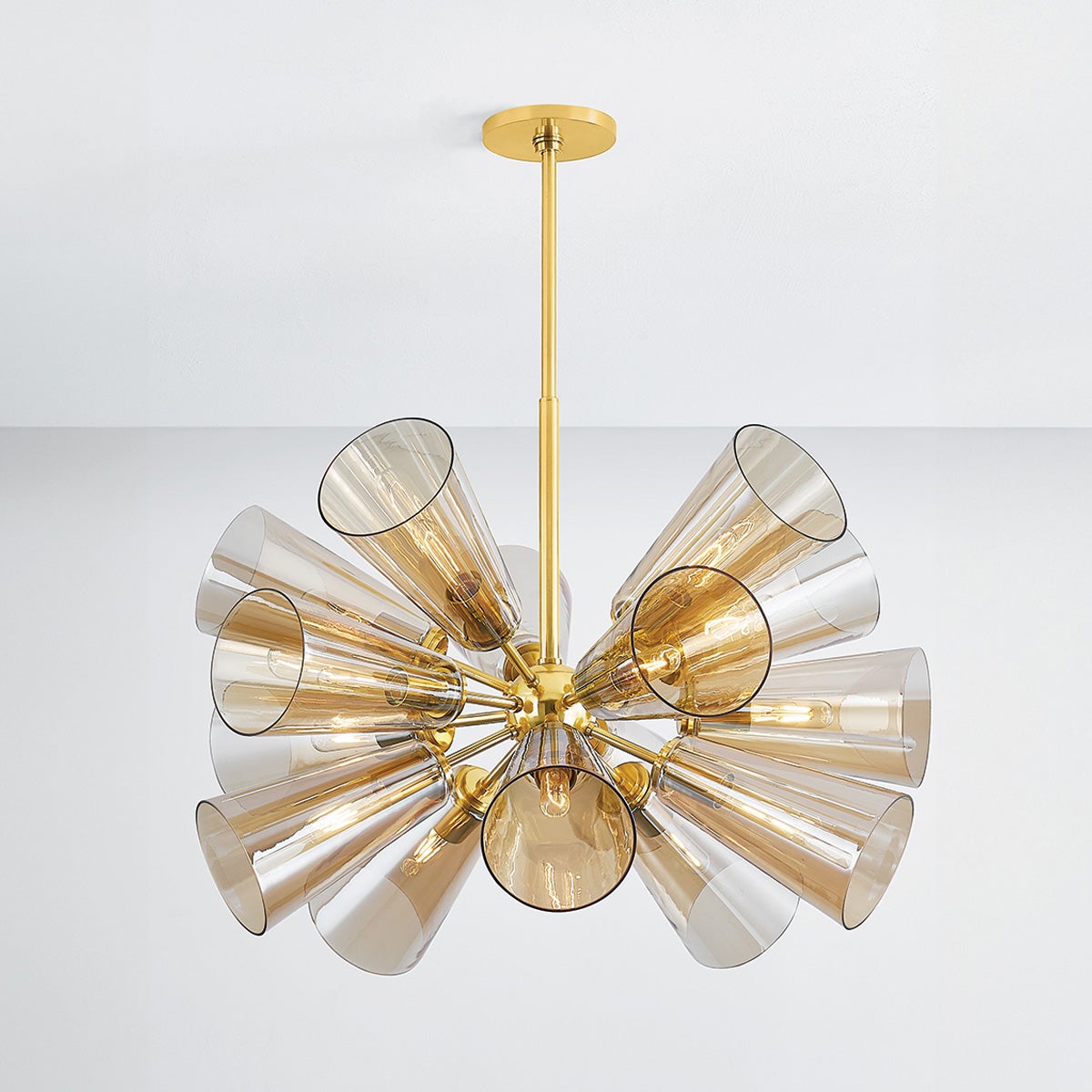 Close-up of the Hartwood Chandelier 32" in aged brass showing the frame, arms, and shade detail.