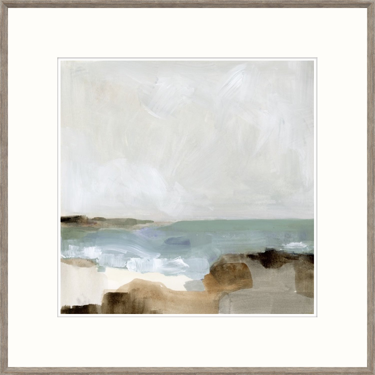 Ocean Sigh I wall art featuring abstract coastal scene with soft blues and browns, framed in light wood.