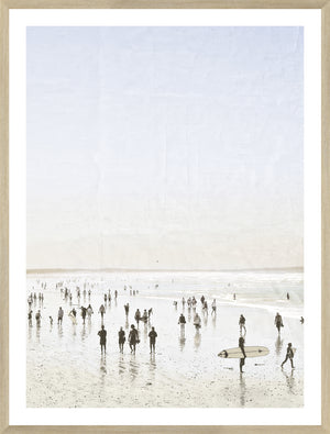 Idyllic Surf II wall art featuring a beach scene with surfers and beachgoers, soft pastel colors.