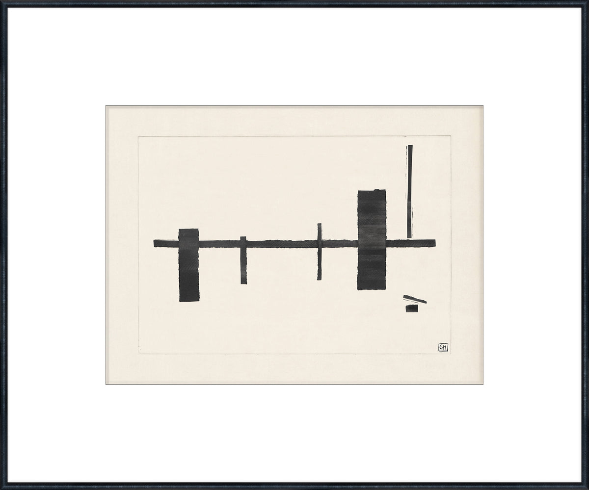 Matchsticks I wall art featuring abstract black shapes on a cream background, framed.