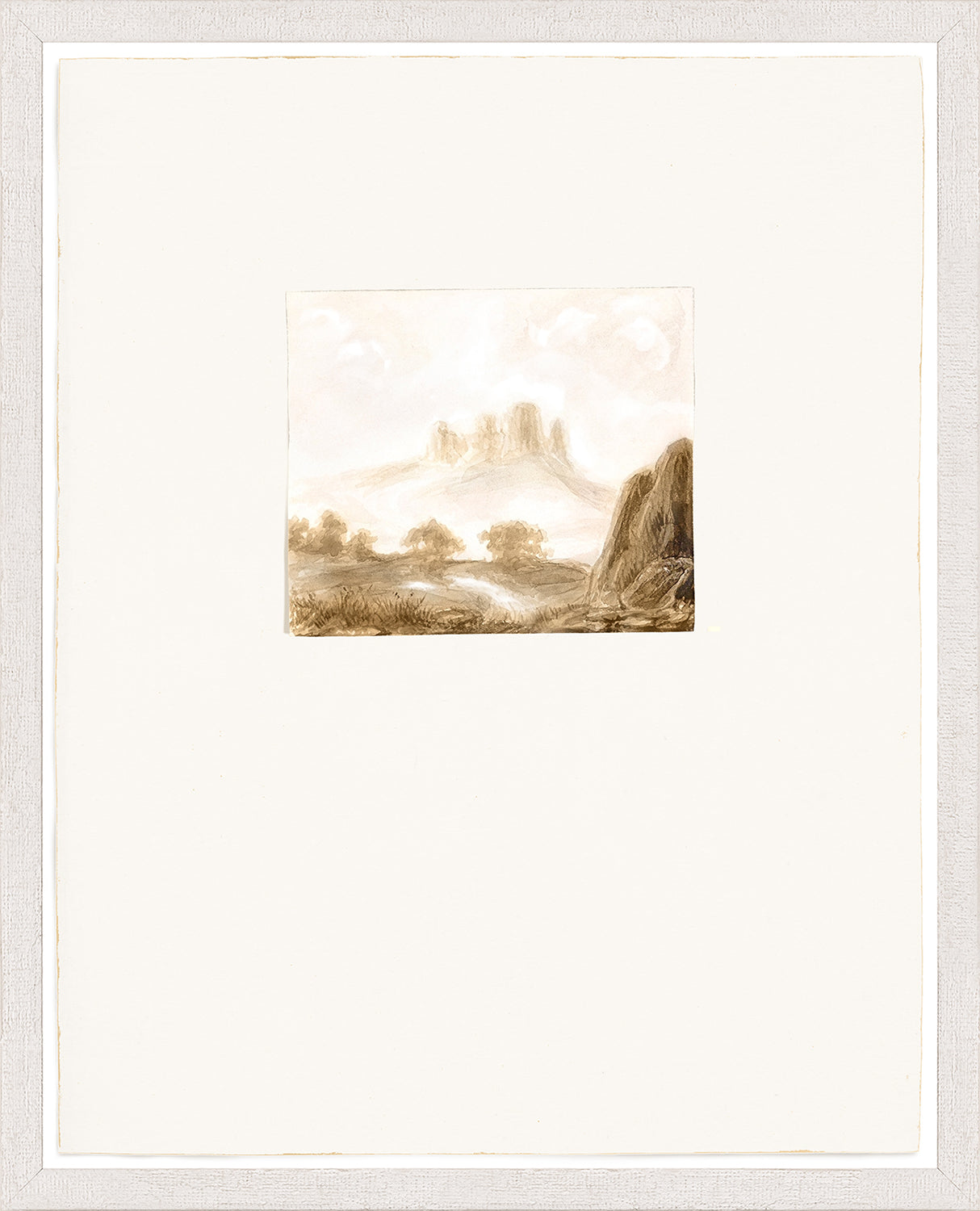 Ver Huell – Watercolours III wall art featuring a soft landscape in muted tones, framed in white.