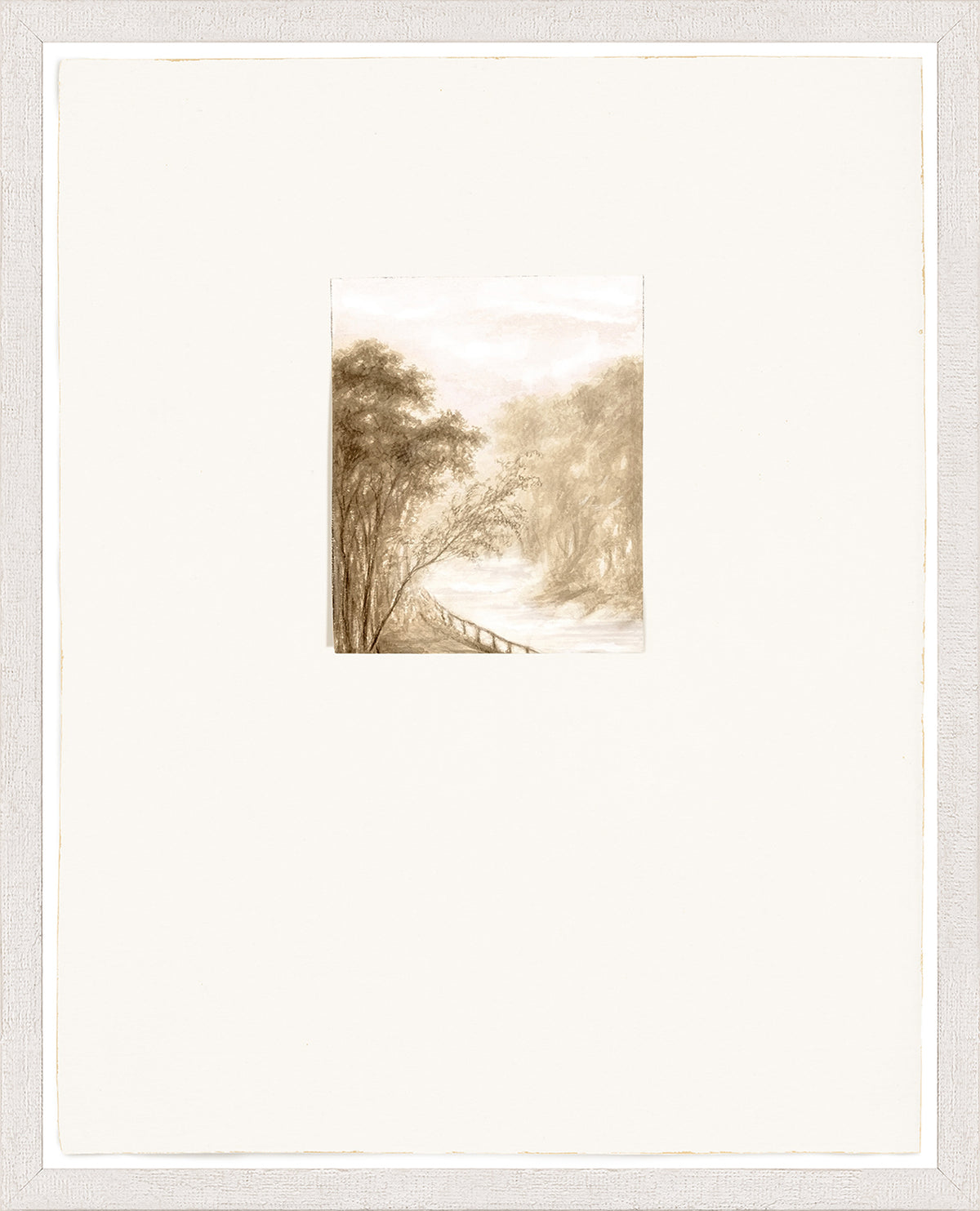 Ver Huell – Watercolours VI wall art featuring a serene landscape in sepia tones with trees and a river.
