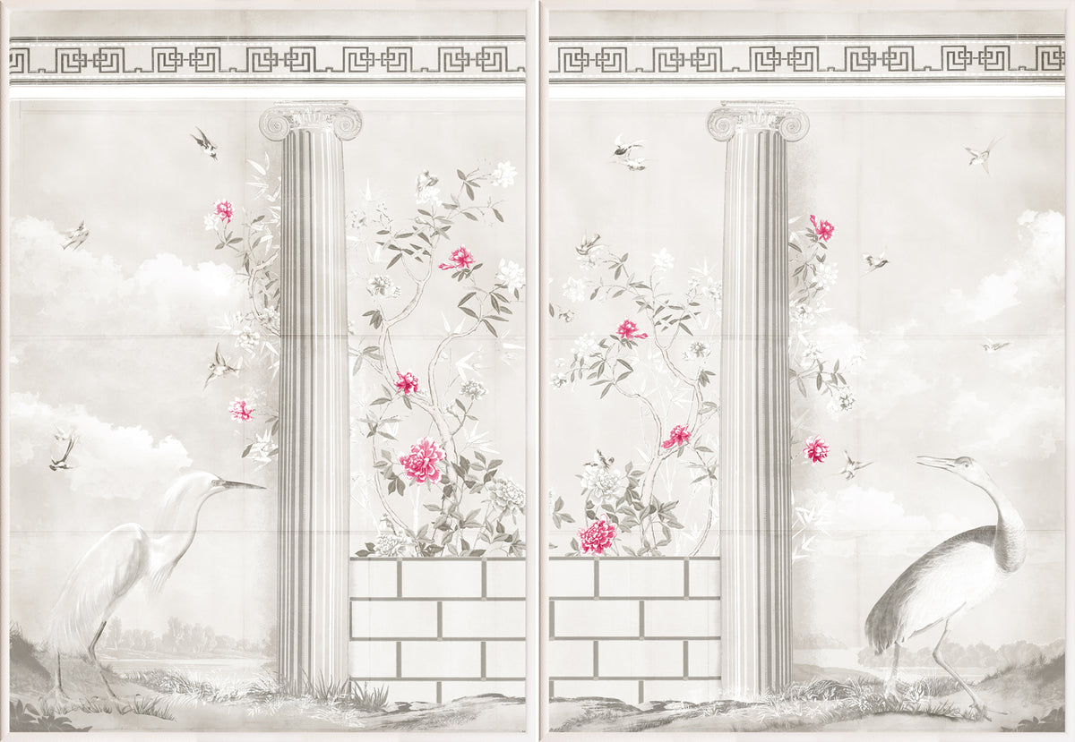 Greco-Roman Aviary Diptych featuring elegant birds, floral designs, and classical columns in soft colors.