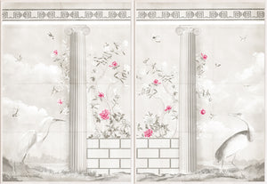 Greco-Roman Aviary Diptych featuring elegant birds, floral designs, and classical columns in soft colors.