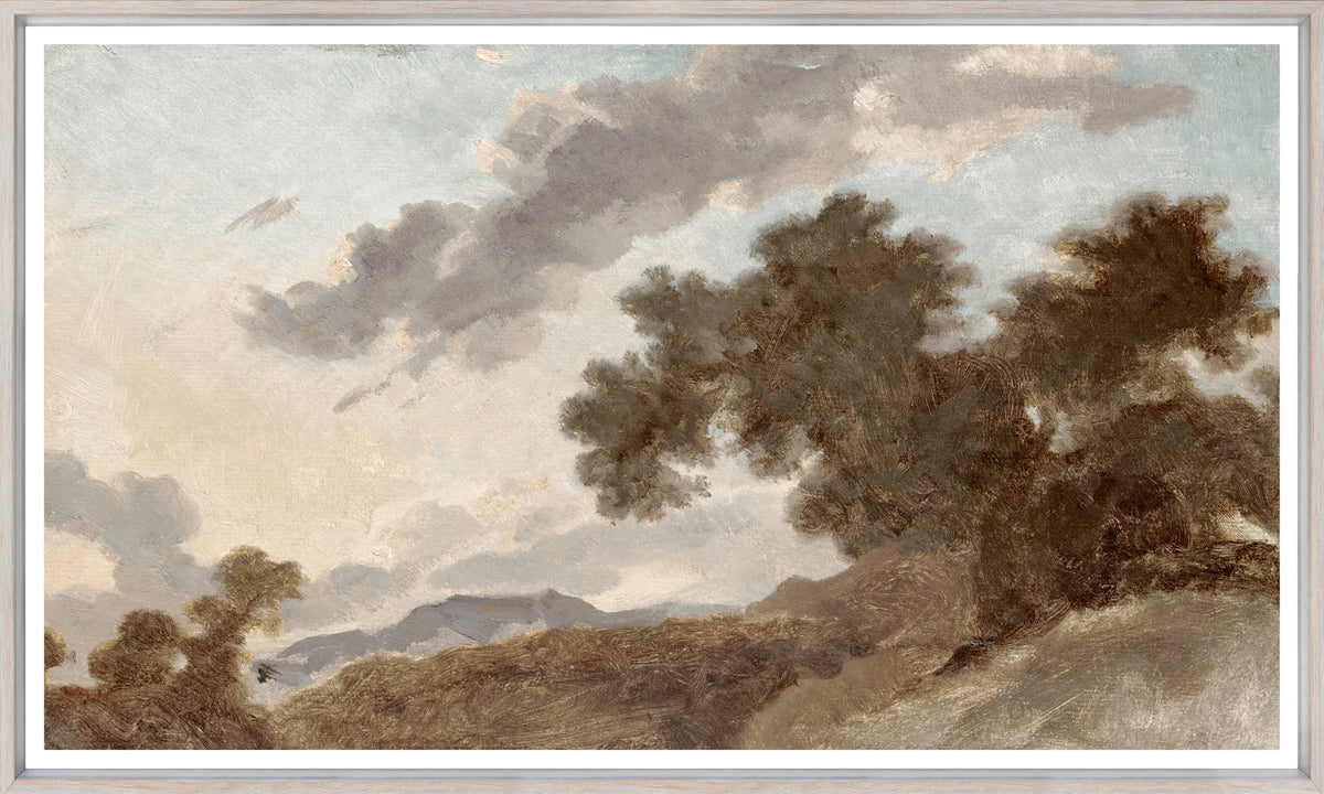 Mountain Landscape at Sunset C. 1765, featuring soft clouds and trees in earthy tones.