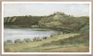 Lake Albano and Castel Gandolfo wall art featuring a serene landscape with hills and water, painted in soft greens and blues.